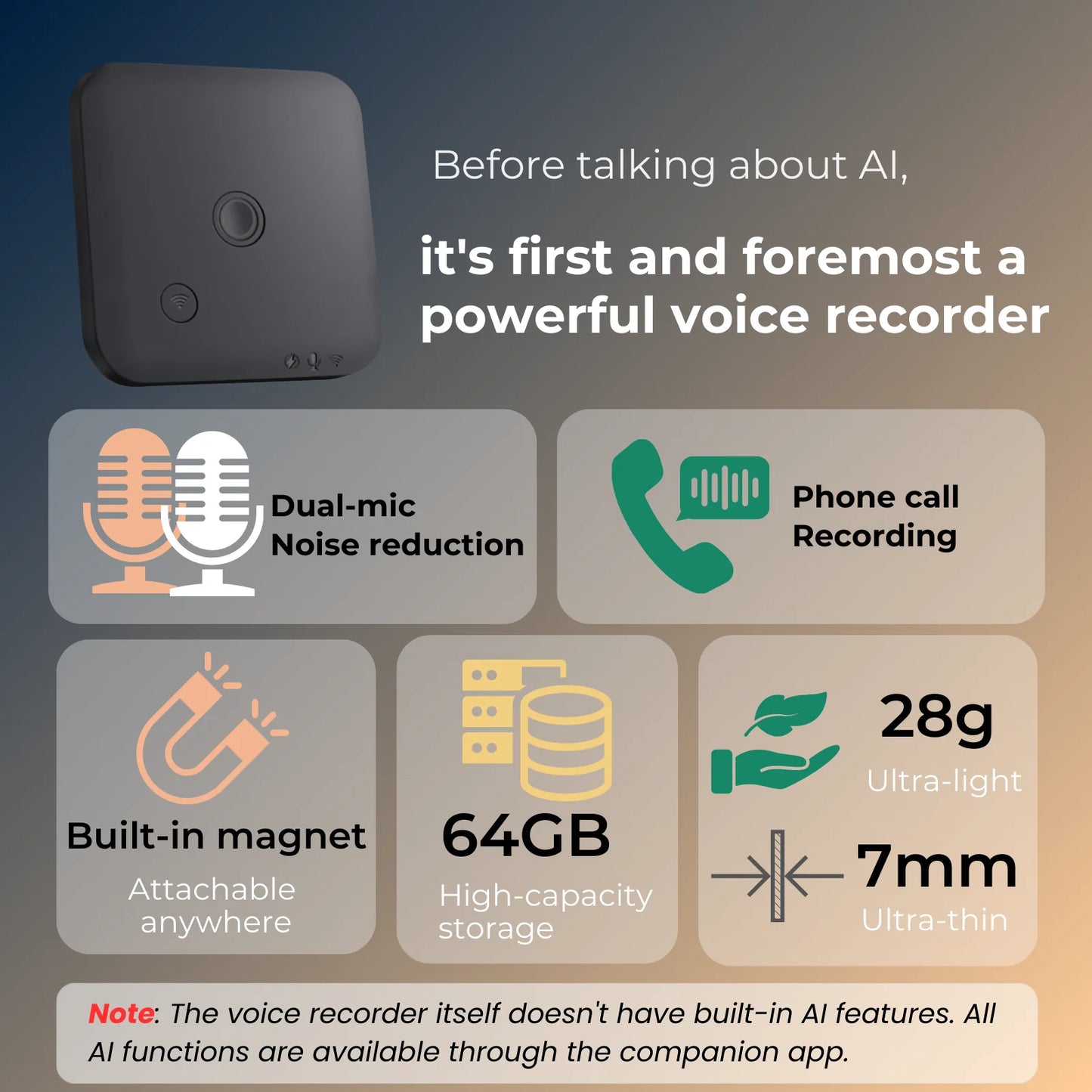 AI-Powered Voice Recorder and Call Recorder with Speech-to-Text & Summarization, Supports 100 Languages, 64GB Storage