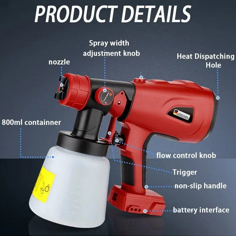 800ML Electric Spray Gun for Makita/Bosch/Dewalt/Ryobi/Milwaukee 18V 20V Lithium Battery,Cordless Paint Sprayer