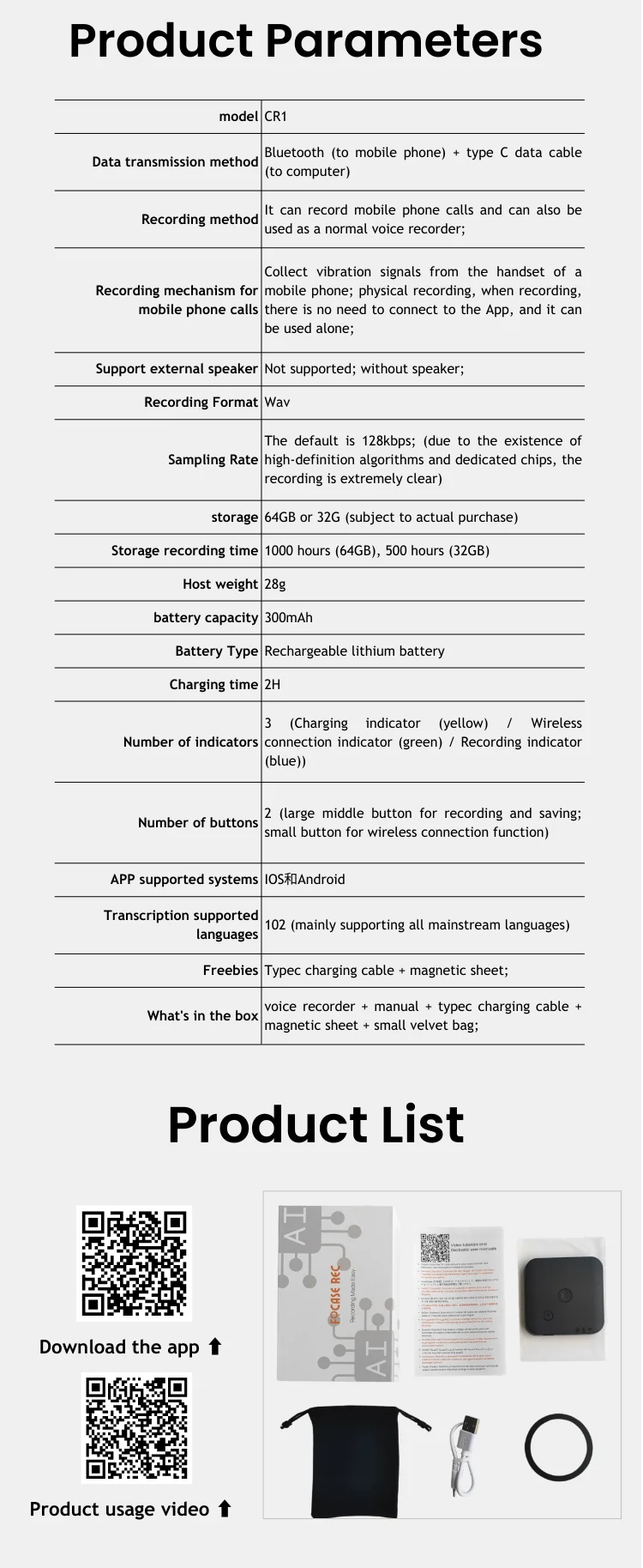 AI-Powered Voice Recorder and Call Recorder with Speech-to-Text & Summarization, Supports 100 Languages, 64GB Storage