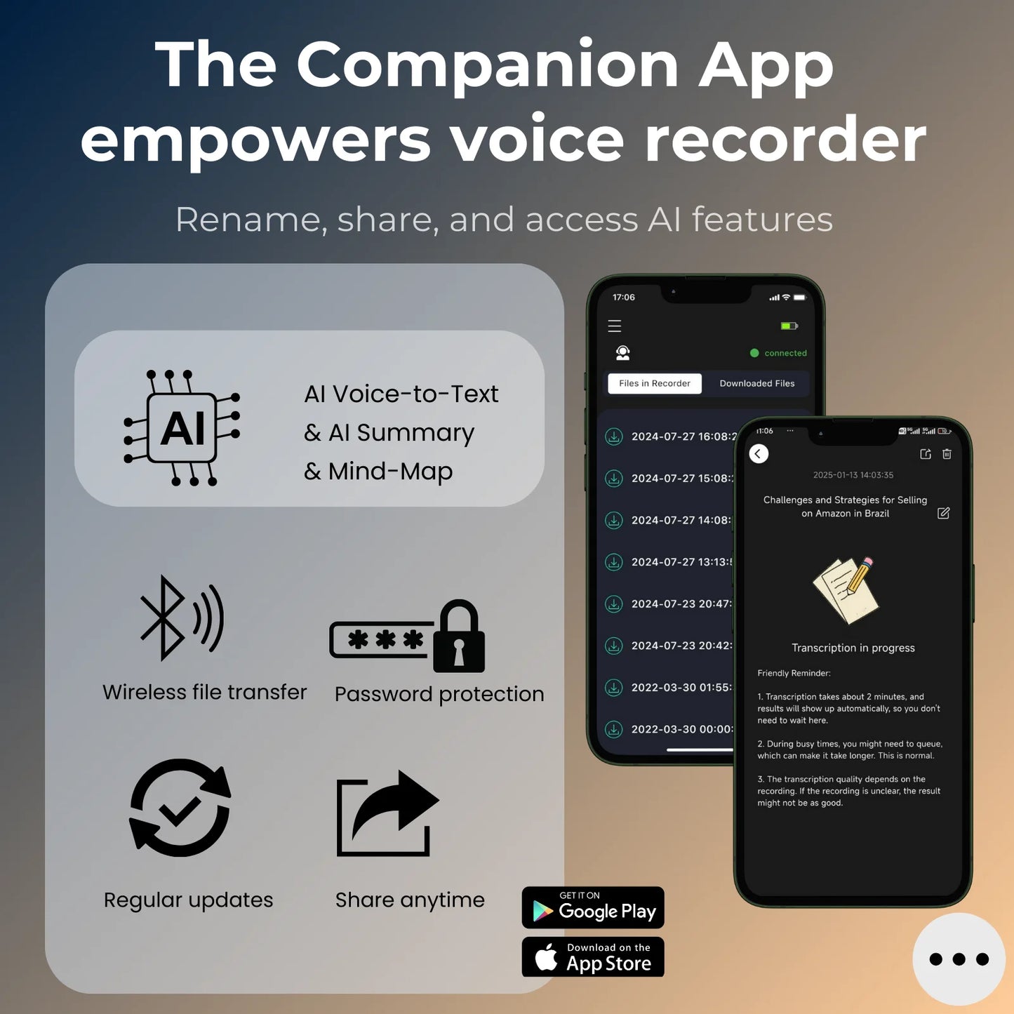 AI-Powered Voice Recorder and Call Recorder with Speech-to-Text & Summarization, Supports 100 Languages, 64GB Storage