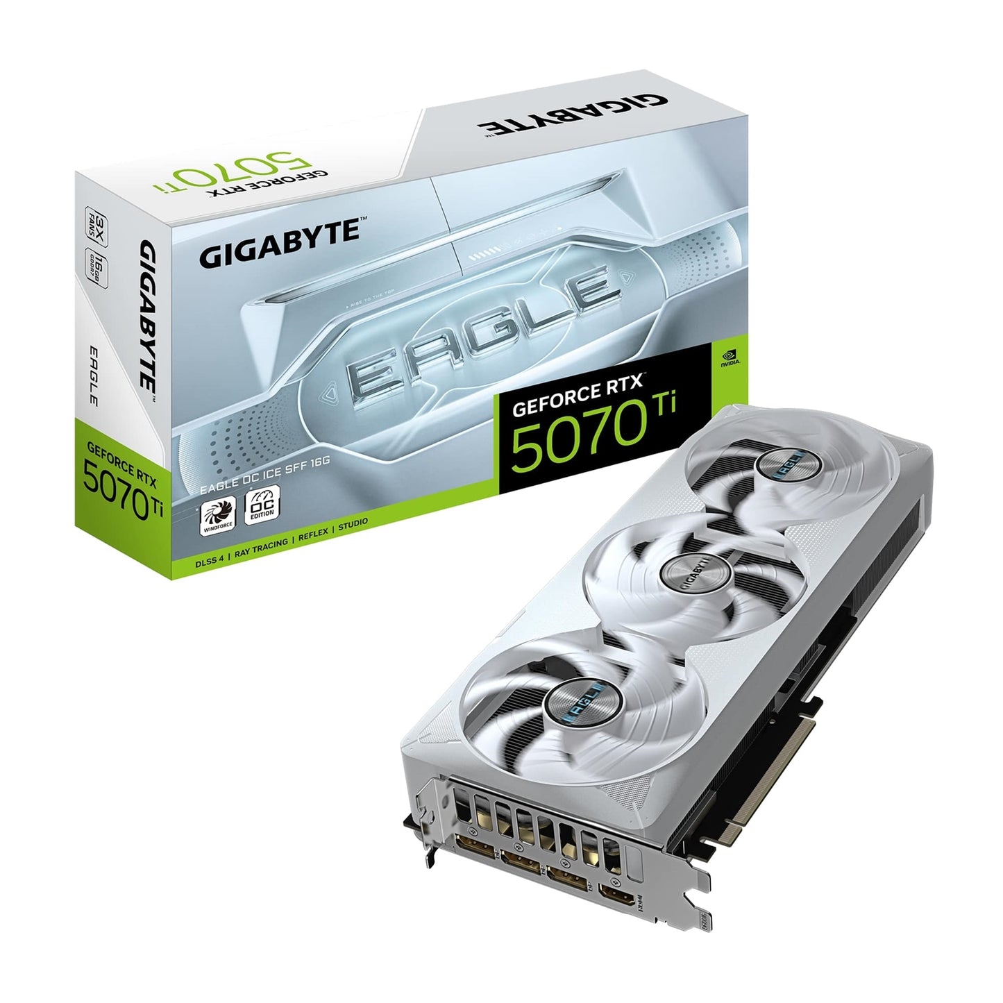 Gigabyte NVIDIA GeForce RTX 5070 Ti EAGLE OC ICE SFF 16GB GDDR7 Graphics Card, 8960 CUDA Cores, 2542 MHz Core Clock, Triple Fan, White, 3x DisplayPorts / 1x HDMI Port