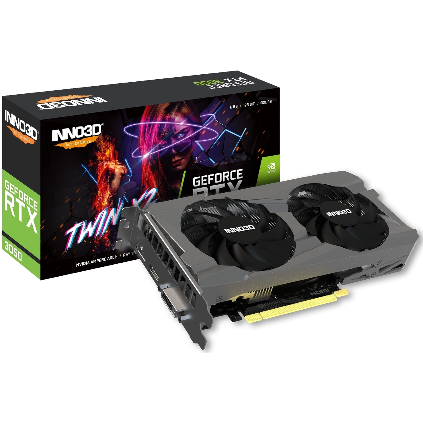 Inno3D NVIDIA GeForce RTX 3050 6GB TWIN X2 6GB GDDR6 Graphics Card, 2304 CUDA Cores, 1470 MHz Boost Clock, Dual Fan, 1x DVI-D / 1x DisplayPort / 1x HDMI Port