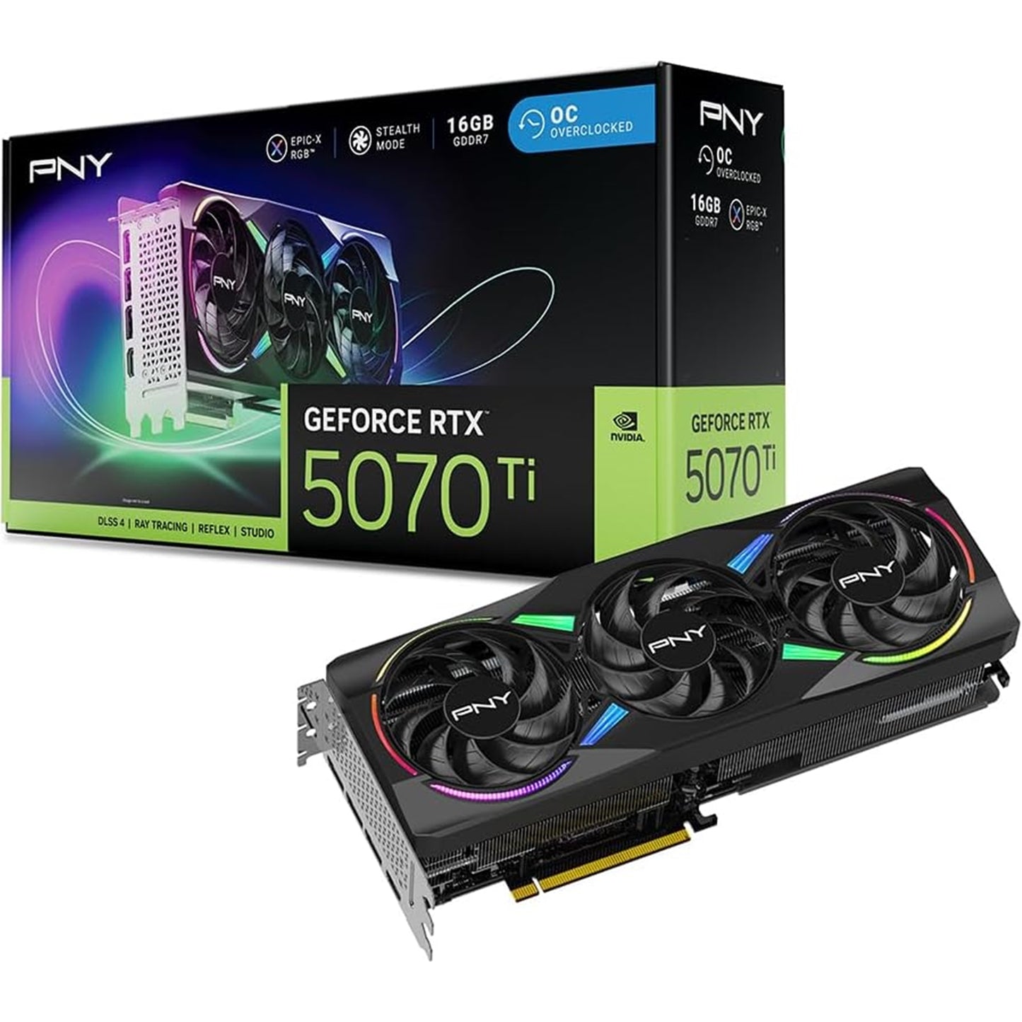 PNY NVIDIA GEFORCE RTX 5070 Ti ARGB Epic-X RGB OC16GB, GDDR7 Graphics Card, 8960 Cuda Cores, 2295 MHz Core Clock, Triple Fan, 3 x Display Ports/ 1 x HDMI Port
