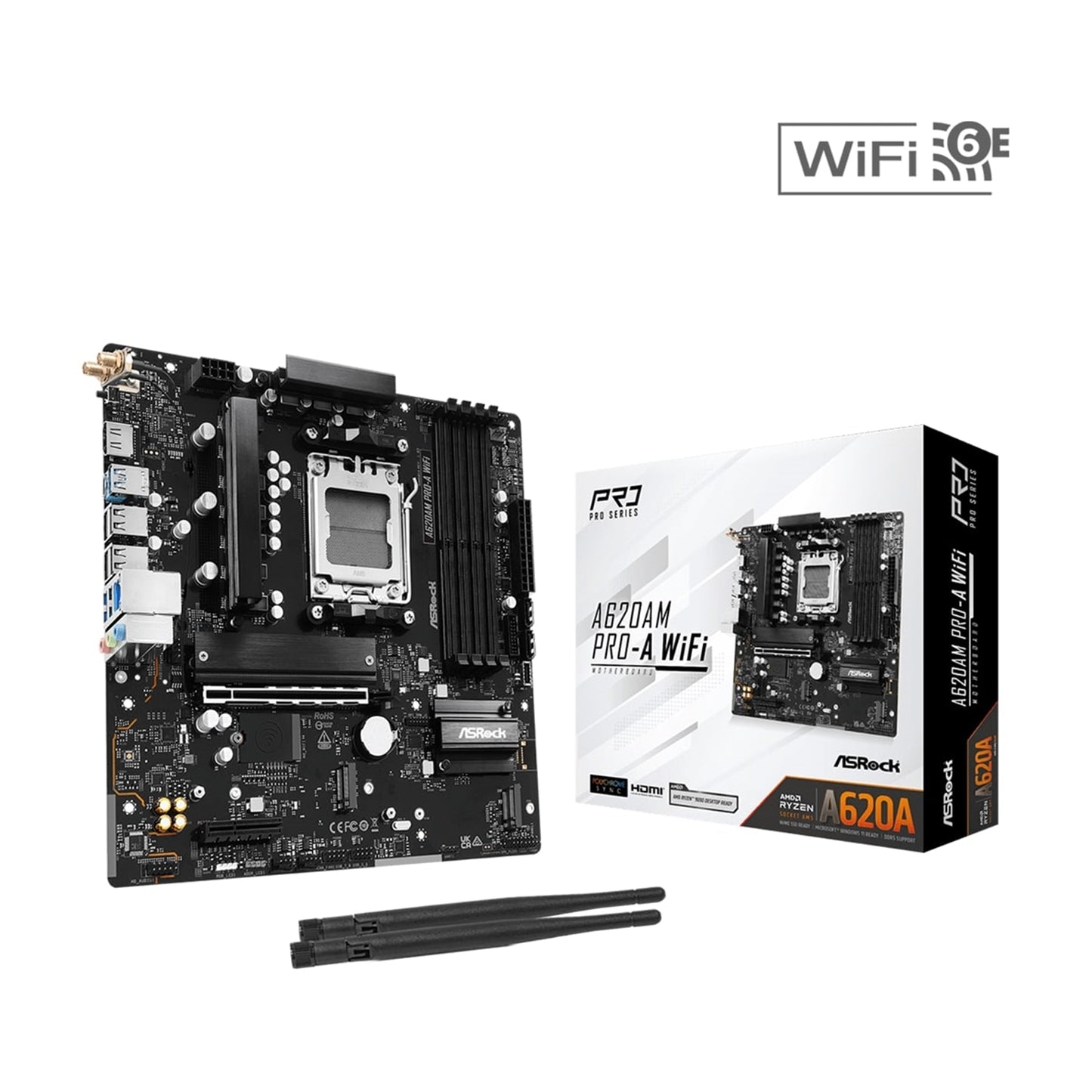 ASRock A620AM PRO-A WIFI AMD Socket AM5 Motherboard, 4 x DDR5 DIMM Slots, 1 x M.2 Socket (Key E), 2 x USB 3.2 Type-C, 2.5G LAN, 802.11axe Wi-Fi 6E Module, 1 x HDMI Port