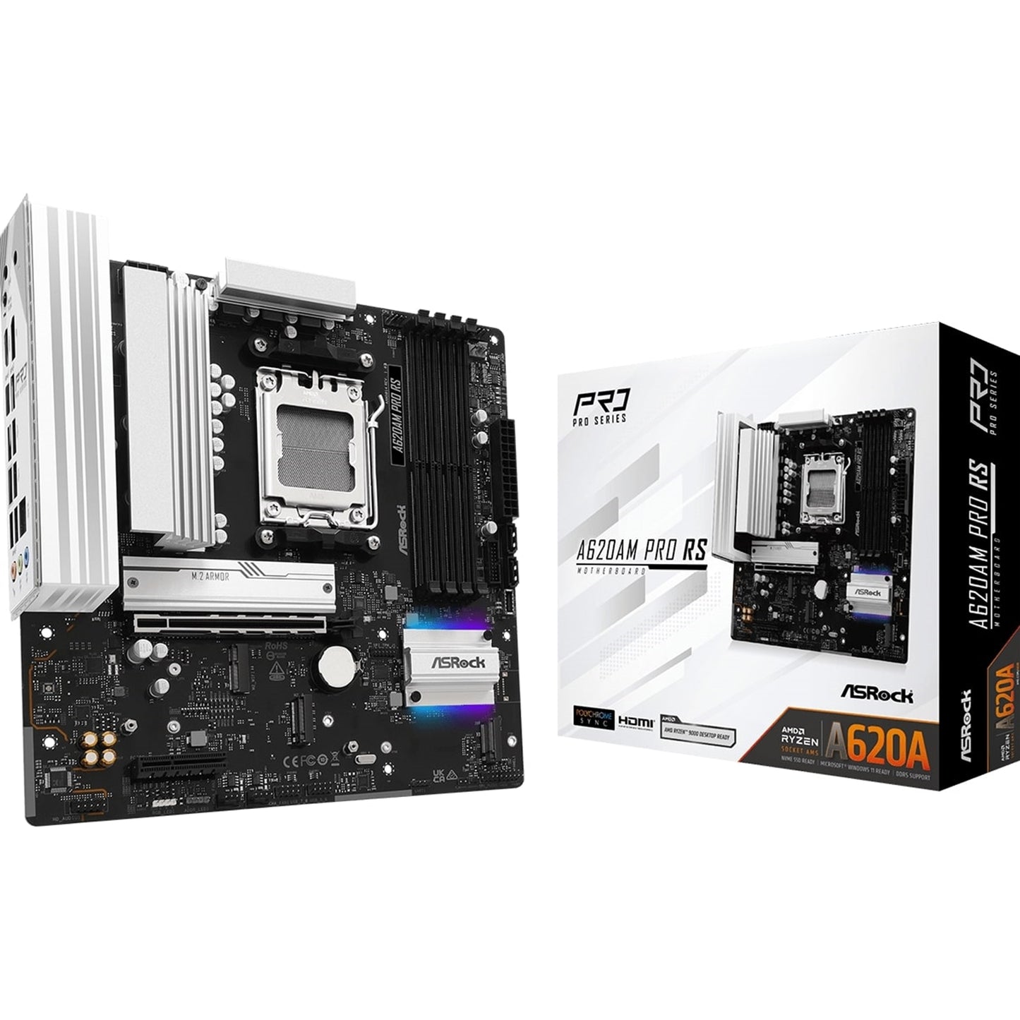 ASRock A620AM PRO RS AMD Socket AM5 Motherboard, 4 x DDR5 DIMM Slots, 1 x M.2 Socket (Key E), 2 x USB 3.2 Type-C, 2.5G LAN, 1 x HDMI Port/ 1 x Display Port