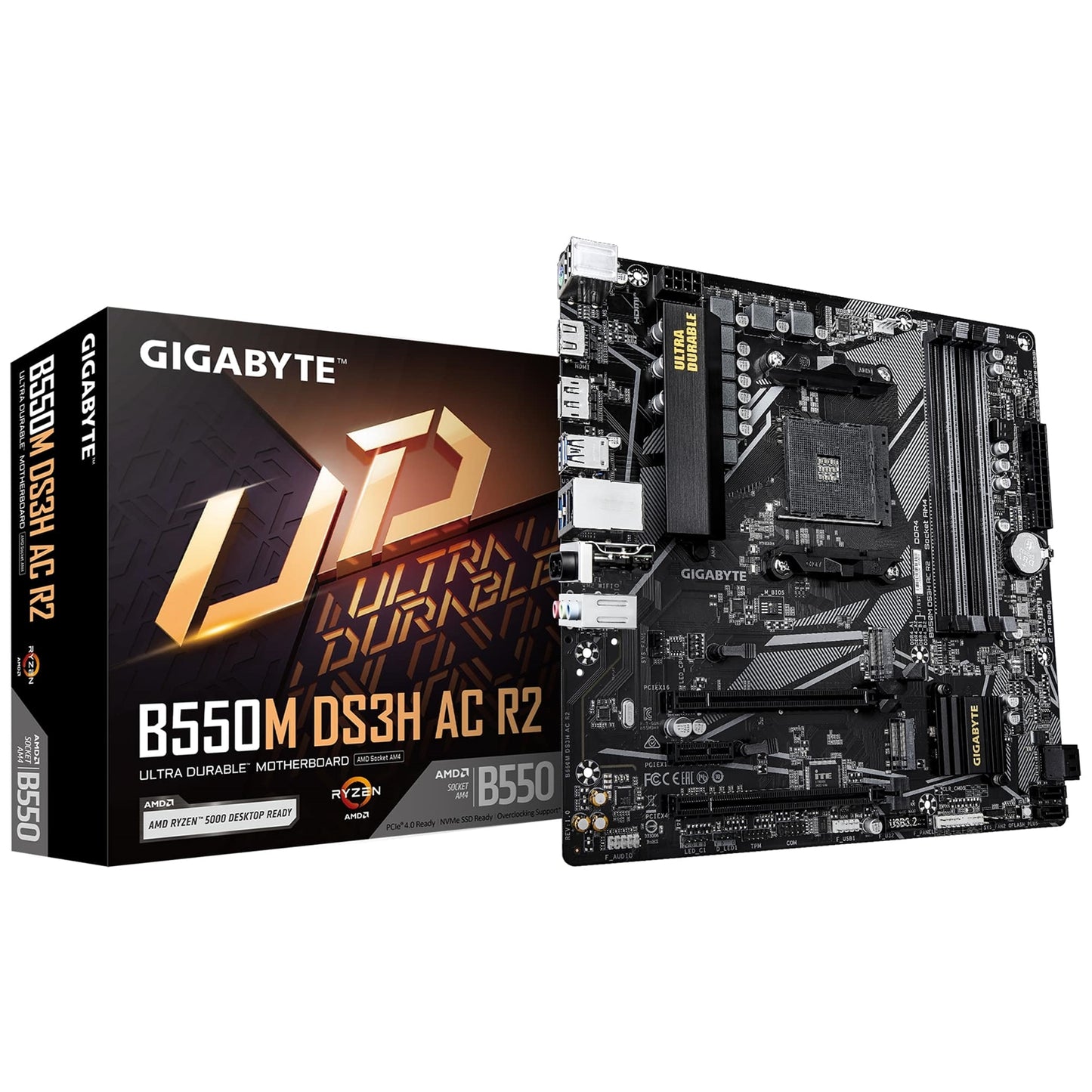 Gigabyte B550M DS3H AC R2 AMD AM4 Socket Micro ATX WiFi 6 Motherboard, Dual Channel DDR4, 4x DIMMS, 2x M.2 slots, including PCIe 4.0 x1