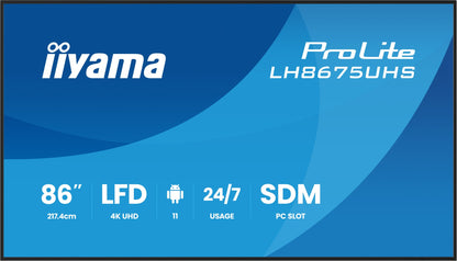 iiyama LH8675UHS-B2AG Signage Display Digital signage flat panel 2.17 m (85.6") LCD Wi-Fi 500 cd/m² 4K Ultra HD Black Built-in processor Android 11 24/7