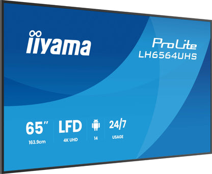 iiyama LH6564UHS-B1AG Signage Display Digital signage flat panel 165.1 cm (65") Wi-Fi 500 cd/m² 4K Ultra HD Black Built-in processor Android 24/7