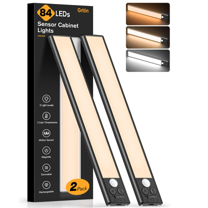 FRONT Under Cabinet Kitchen Lights Rechargeable-3 Color Temps&5 Level Brightness, Super Bright, 4 Modes, Motion Sensor, Long Lasting-Easy Installation Strong Magnetic Under Closet Light-26CM/2 Pack