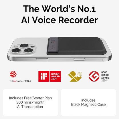 PLAUD NOTE AI Voice Recorder with Case - App Control, Transcribe & Summarize with AI Technology - Support 112 Languages, 64GB Memory, Audio Recorder for Lectures, Meetings, Calls, Black
