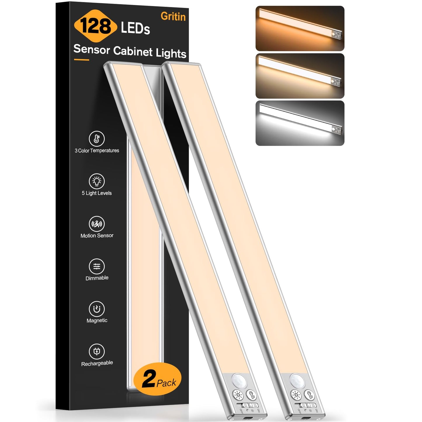 FRONT Under Cabinet Kitchen Lights Rechargeable-3 Color Temps&5 Level Brightness, Super Bright, 4 Modes, Motion Sensor, Long Lasting-Easy Installation Strong Magnetic Under Closet Light-26CM/2 Pack
