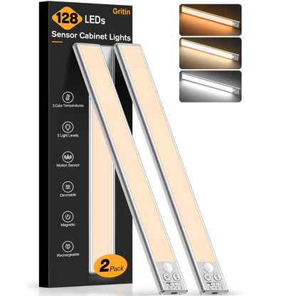 FRONT Under Cabinet Kitchen Lights Rechargeable-3 Color Temps&5 Level Brightness, Super Bright, 4 Modes, Motion Sensor, Long Lasting-Easy Installation Strong Magnetic Under Closet Light-26CM/2 Pack