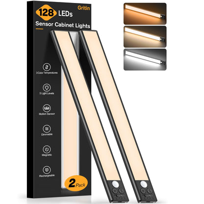 FRONT Under Cabinet Kitchen Lights Rechargeable-3 Color Temps&5 Level Brightness, Super Bright, 4 Modes, Motion Sensor, Long Lasting-Easy Installation Strong Magnetic Under Closet Light-26CM/2 Pack