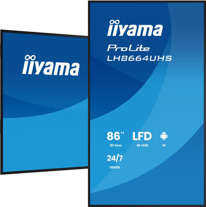 iiyama LH8664UHS-B3AG Signage Display Digital signage flat panel 2.17 m (85.6") Wi-Fi 500 cd/m² 4K Ultra HD Black Built-in processor Android 24/7