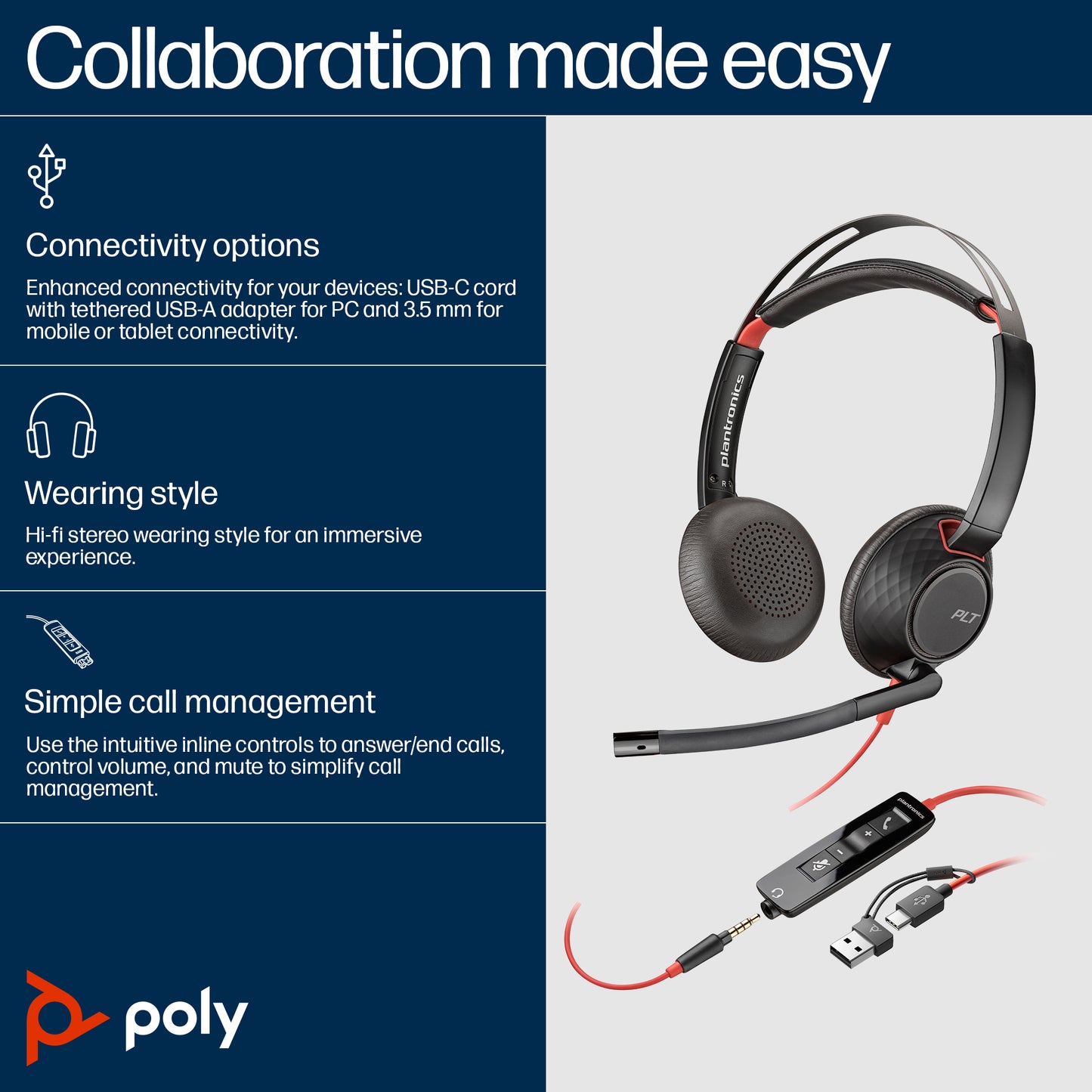 HP Poly Blackwire 5220 Stereo USB-C Headset +3.5mm Plug +USB-C/A Adapter