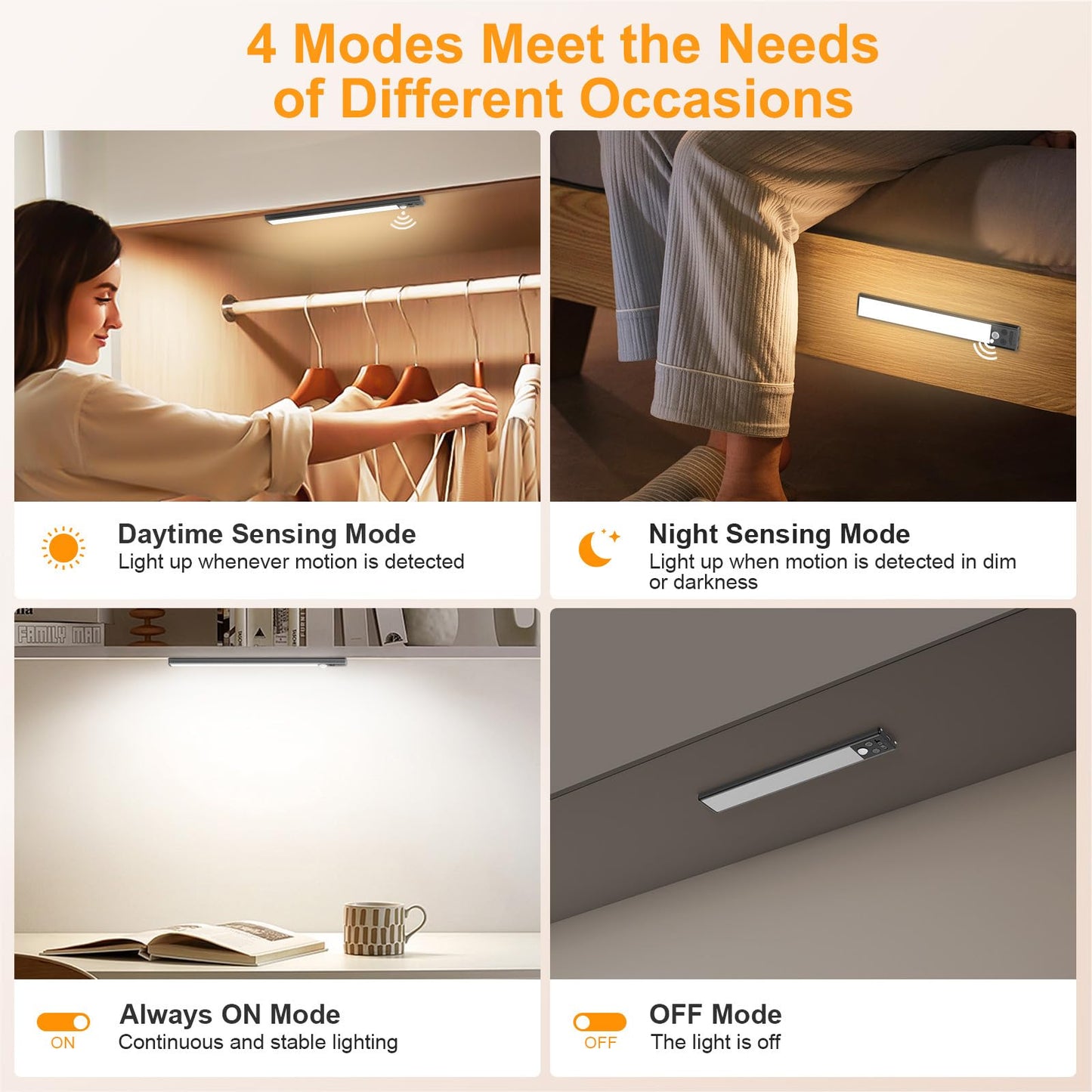 FRONT Under Cabinet Kitchen Lights Rechargeable-3 Color Temps&5 Level Brightness, Super Bright, 4 Modes, Motion Sensor, Long Lasting-Easy Installation Strong Magnetic Under Closet Light-26CM/2 Pack