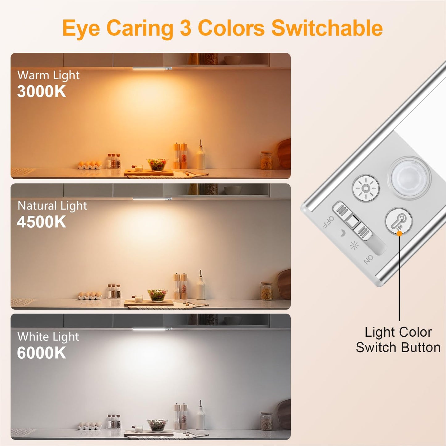 FRONT Under Cabinet Kitchen Lights Rechargeable-3 Color Temps&5 Level Brightness, Super Bright, 4 Modes, Motion Sensor, Long Lasting-Easy Installation Strong Magnetic Under Closet Light-26CM/2 Pack