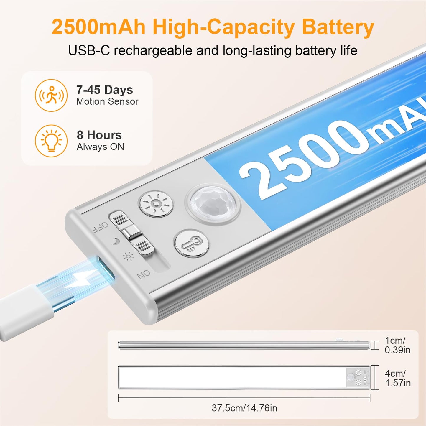 FRONT Under Cabinet Kitchen Lights Rechargeable-3 Color Temps&5 Level Brightness, Super Bright, 4 Modes, Motion Sensor, Long Lasting-Easy Installation Strong Magnetic Under Closet Light-26CM/2 Pack
