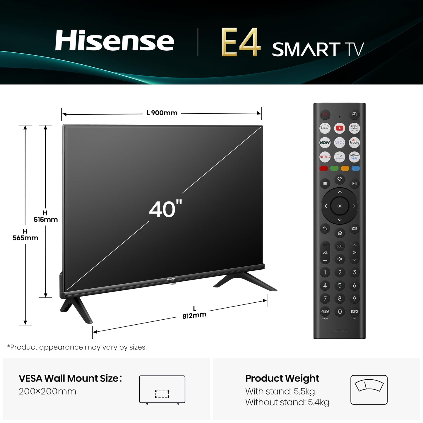 Hisense 40" 40A4QTUK FHD LED TV with Freely - Direct Lit LED, Dolby Audio, Natural Colour Enhancer, Games Mode, Sports Mode with Freely, Disney +, YouTube, Netflix