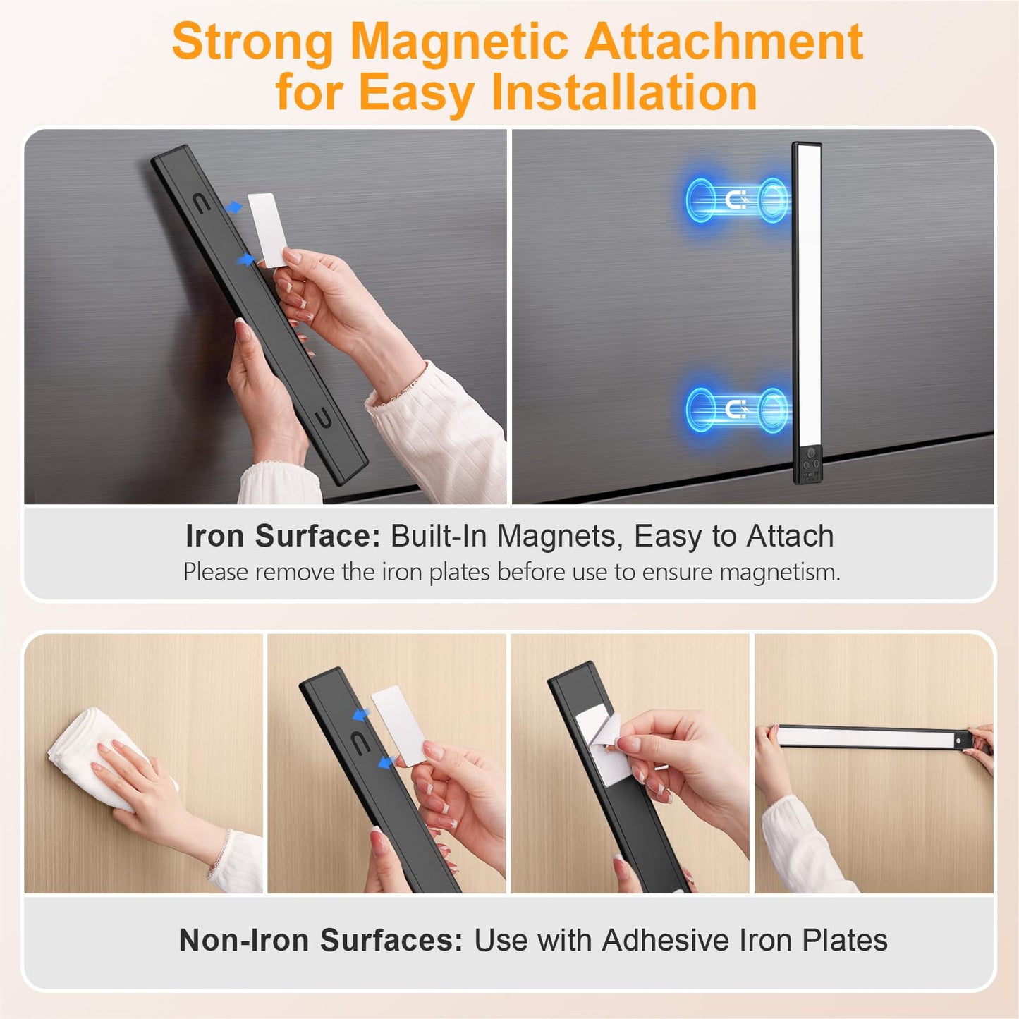 FRONT Under Cabinet Kitchen Lights Rechargeable-3 Color Temps&5 Level Brightness, Super Bright, 4 Modes, Motion Sensor, Long Lasting-Easy Installation Strong Magnetic Under Closet Light-26CM/2 Pack