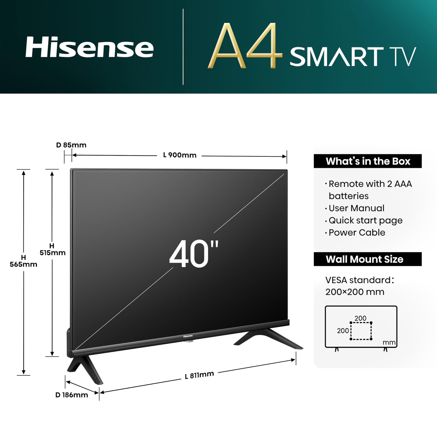 Hisense 40" 40A4QTUK FHD LED TV with Freely - Direct Lit LED, Dolby Audio, Natural Colour Enhancer, Games Mode, Sports Mode with Freely, Disney +, YouTube, Netflix