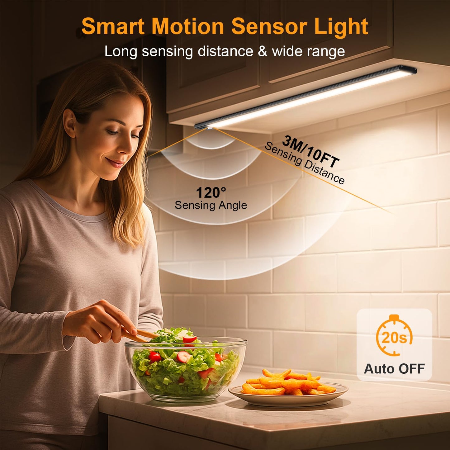 FRONT Under Cabinet Kitchen Lights Rechargeable-3 Color Temps&5 Level Brightness, Super Bright, 4 Modes, Motion Sensor, Long Lasting-Easy Installation Strong Magnetic Under Closet Light-26CM/2 Pack