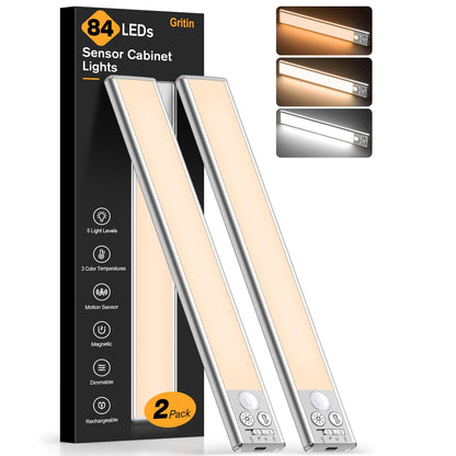 FRONT Under Cabinet Kitchen Lights Rechargeable-3 Color Temps&5 Level Brightness, Super Bright, 4 Modes, Motion Sensor, Long Lasting-Easy Installation Strong Magnetic Under Closet Light-26CM/2 Pack