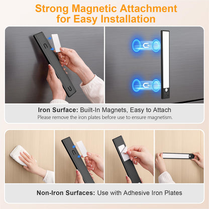 FRONT Under Cabinet Kitchen Lights Rechargeable-3 Color Temps&5 Level Brightness, Super Bright, 4 Modes, Motion Sensor, Long Lasting-Easy Installation Strong Magnetic Under Closet Light-26CM/2 Pack