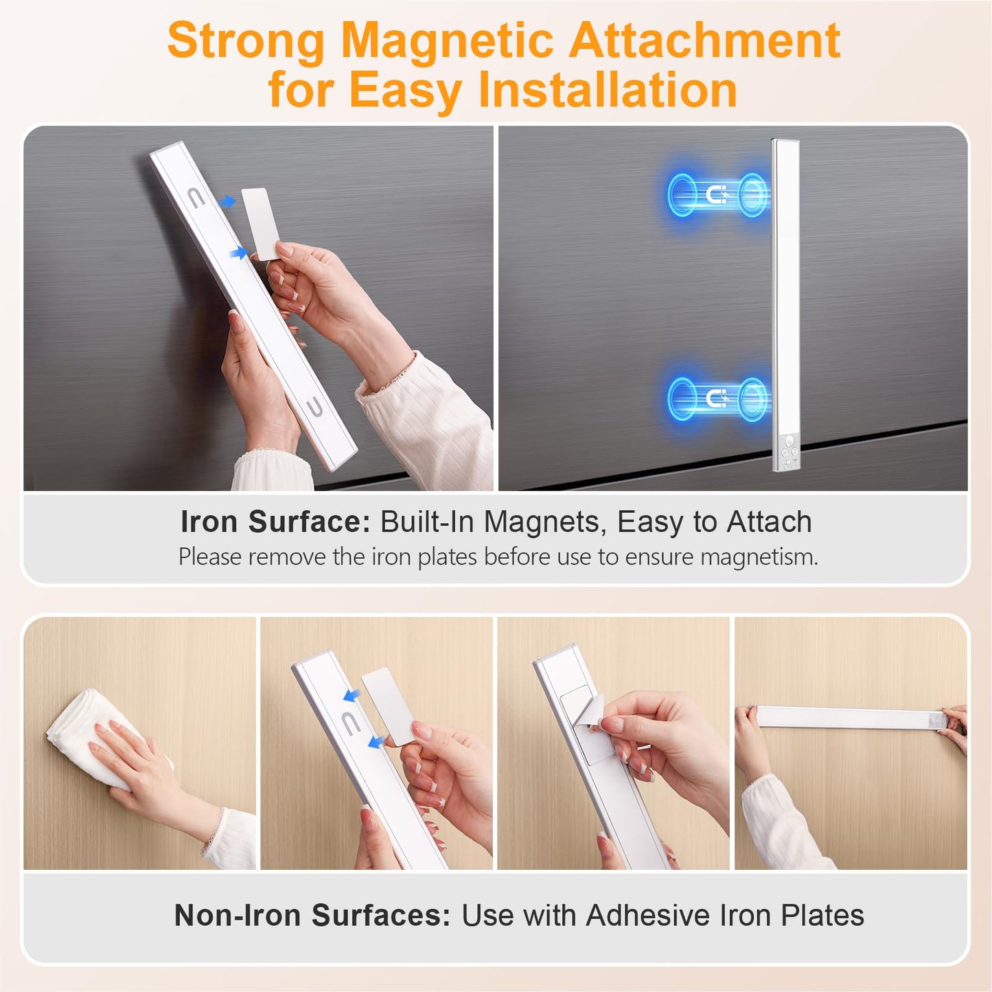 FRONT Under Cabinet Kitchen Lights Rechargeable-3 Color Temps&5 Level Brightness, Super Bright, 4 Modes, Motion Sensor, Long Lasting-Easy Installation Strong Magnetic Under Closet Light-26CM/2 Pack