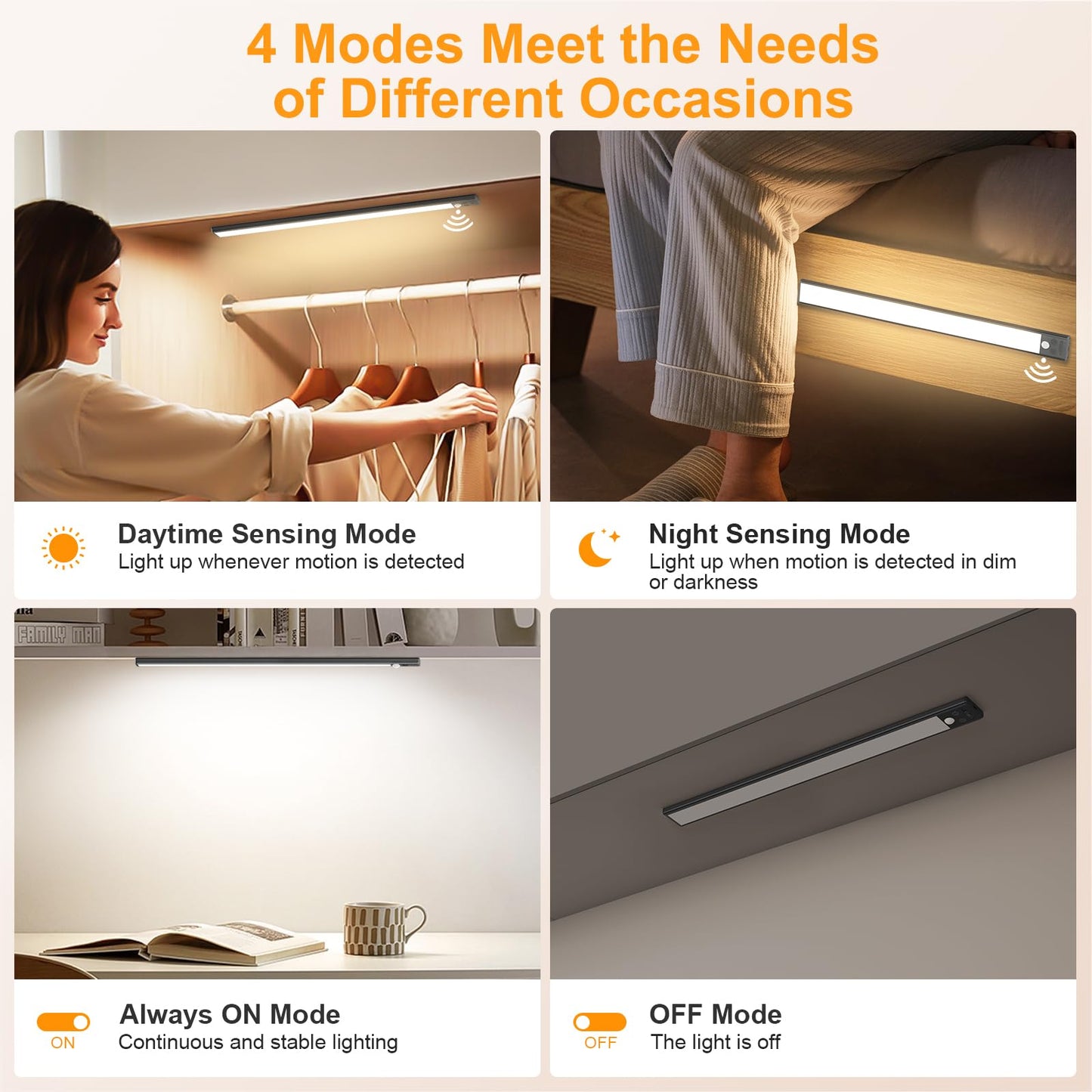 FRONT Under Cabinet Kitchen Lights Rechargeable-3 Color Temps&5 Level Brightness, Super Bright, 4 Modes, Motion Sensor, Long Lasting-Easy Installation Strong Magnetic Under Closet Light-26CM/2 Pack