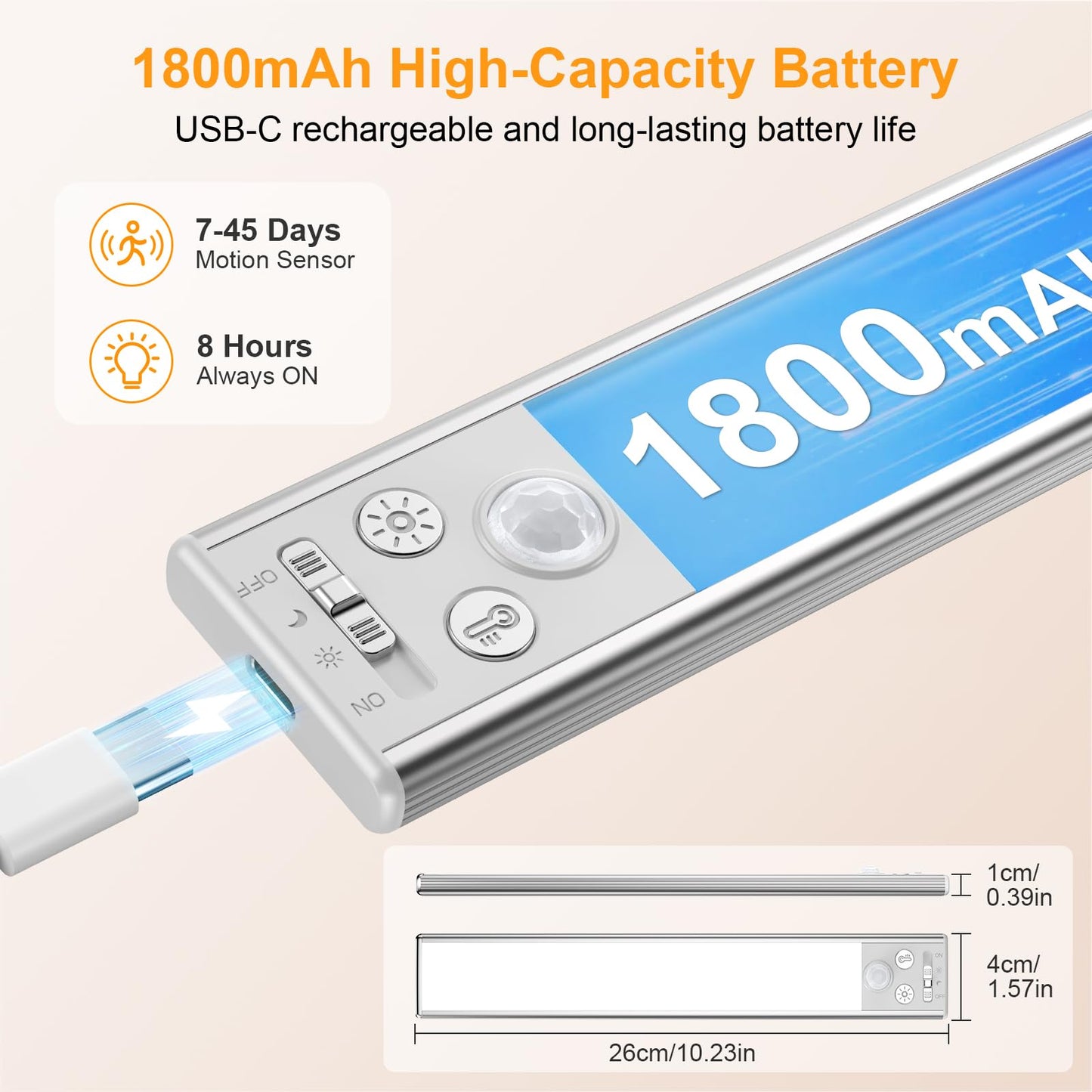 FRONT Under Cabinet Kitchen Lights Rechargeable-3 Color Temps&5 Level Brightness, Super Bright, 4 Modes, Motion Sensor, Long Lasting-Easy Installation Strong Magnetic Under Closet Light-26CM/2 Pack