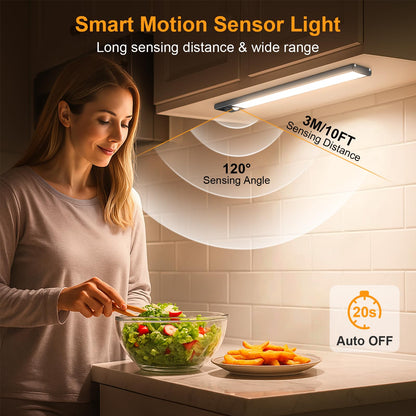 FRONT Under Cabinet Kitchen Lights Rechargeable-3 Color Temps&5 Level Brightness, Super Bright, 4 Modes, Motion Sensor, Long Lasting-Easy Installation Strong Magnetic Under Closet Light-26CM/2 Pack