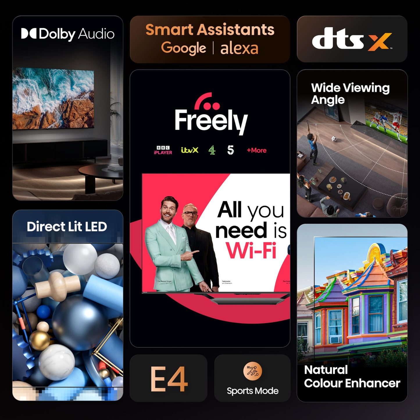 Hisense 40" 40A4QTUK FHD LED TV with Freely - Direct Lit LED, Dolby Audio, Natural Colour Enhancer, Games Mode, Sports Mode with Freely, Disney +, YouTube, Netflix