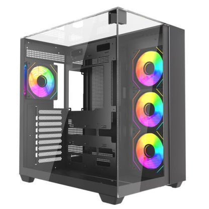 Vida Visio Black ARGB Gaming Cube Case w/ Glass Side, Front & Top, ATX, 4x ARGB PWM Fans, 6-Port Fan Hub & Remote Control, USB-C, Asus BTF Compatible
