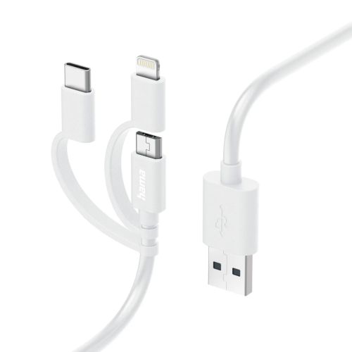 Hama 3-in-1 Multi Charging Cable - USB-A to USB-C/Micro USB/Lightning, Quick Charge, 1 Metre, White, MFI Certified
