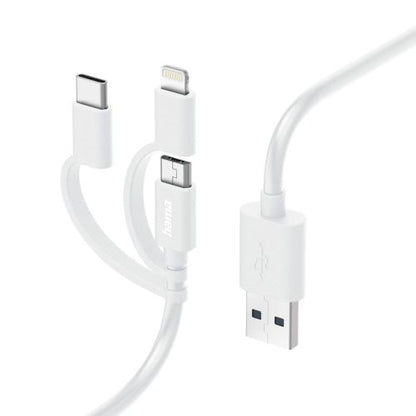 Hama 3-in-1 Multi Charging Cable - USB-A to USB-C/Micro USB/Lightning, Quick Charge, 1 Metre, White, MFI Certified