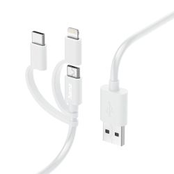 Hama 3-in-1 Multi Charging Cable - USB-A to USB-C/Micro USB/Lightning, Quick Charge, 1 Metre, White, MFI Certified