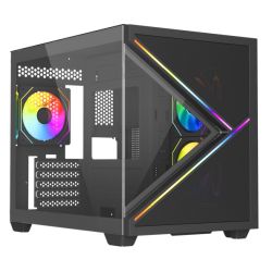 Vida Arcade Black ARGB Gaming Case w/ Glass Side & Glass/Mesh Front, Micro ATX, ARGB Strips, 3x ARGB PWM Fans, 6-Port ARGB Fan Hub & Remote Control
