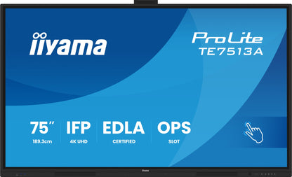iiyama TE7513A-B2AG Signage Display Interactive flat panel 190.5 cm (75") Wi-Fi 500 cd/m² 4K Ultra HD Black Touchscreen Built-in processor Android 24/7