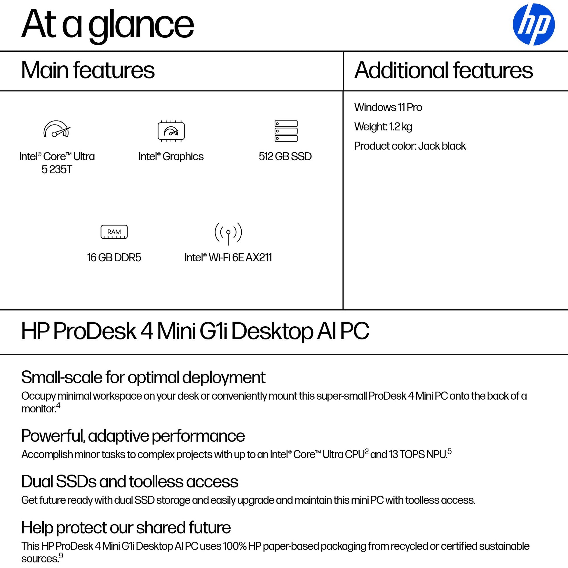 HP ProDesk 4 G1i AI PC Intel Core Ultra 5 235T 16 GB DDR5-SDRAM Windows 11 Pro Mini PC