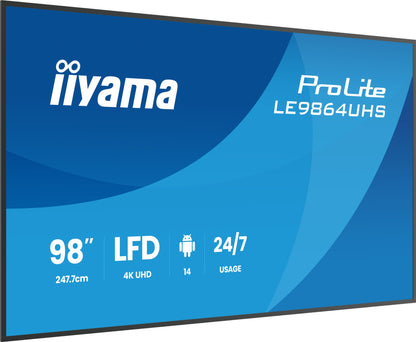 iiyama LE9864UHS-B1AG Signage Display Digital signage flat panel 2.49 m (98") Wi-Fi 500 cd/m² 4K Ultra HD Black Built-in processor Android 24/7