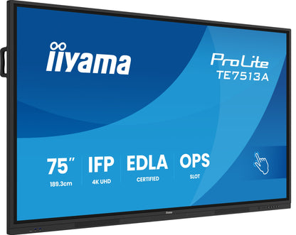 iiyama TE7513A-B2AG Signage Display Interactive flat panel 190.5 cm (75") Wi-Fi 500 cd/m² 4K Ultra HD Black Touchscreen Built-in processor Android 24/7