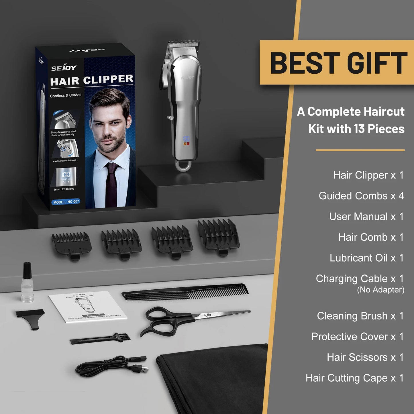 Sejoy Professional Hair Cutting Machine Hair Cutting Kit Cordless Barber Clipper Set with LED Display Hair Clippers for Men