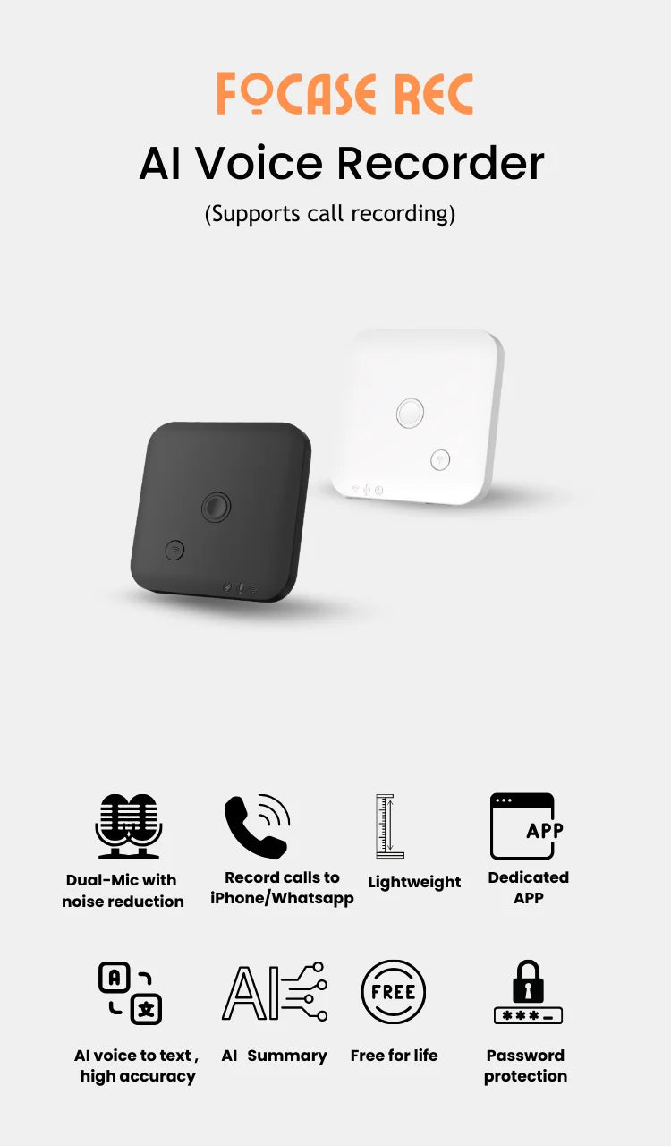 AI-Powered Voice Recorder and Call Recorder with Speech-to-Text & Summarization, Supports 100 Languages, 64GB Storage