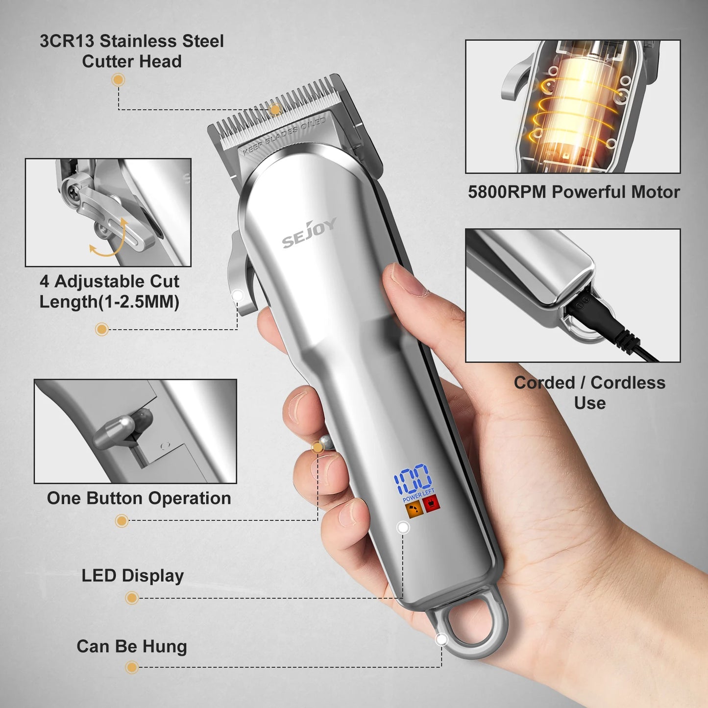 Sejoy Professional Hair Cutting Machine Hair Cutting Kit Cordless Barber Clipper Set with LED Display Hair Clippers for Men