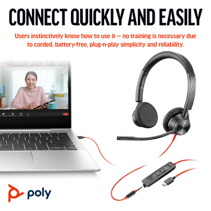 HP Poly Blackwire 3325 Stereo Microsoft Teams Certified USB-C Headset +3.5mm Plug +USB-C/A Adapter