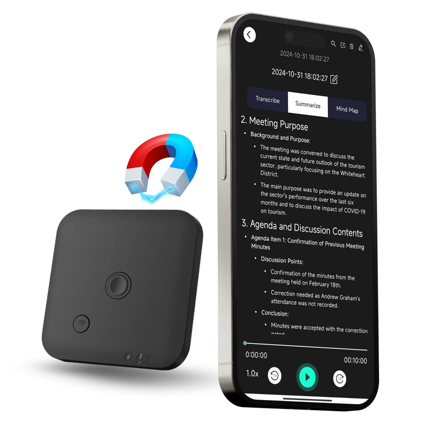 AI-Powered Voice Recorder and Call Recorder with Speech-to-Text & Summarization, Supports 100 Languages, 64GB Storage