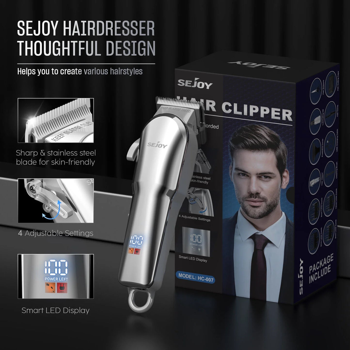 Sejoy Professional Hair Cutting Machine Hair Cutting Kit Cordless Barber Clipper Set with LED Display Hair Clippers for Men
