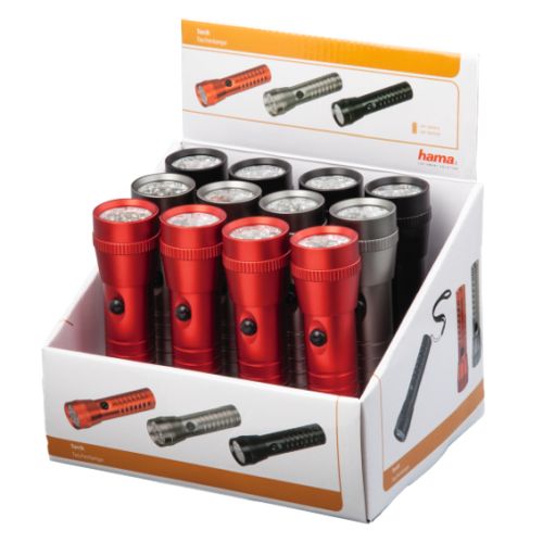 Hama (FL-200) LED Torch x12 Multipack, 60 Lumen, Hand Strap, Black/Grey/Red, Display Case