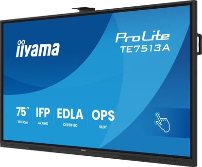 iiyama TE7513A-B2AG Signage Display Interactive flat panel 190.5 cm (75") Wi-Fi 500 cd/m² 4K Ultra HD Black Touchscreen Built-in processor Android 24/7